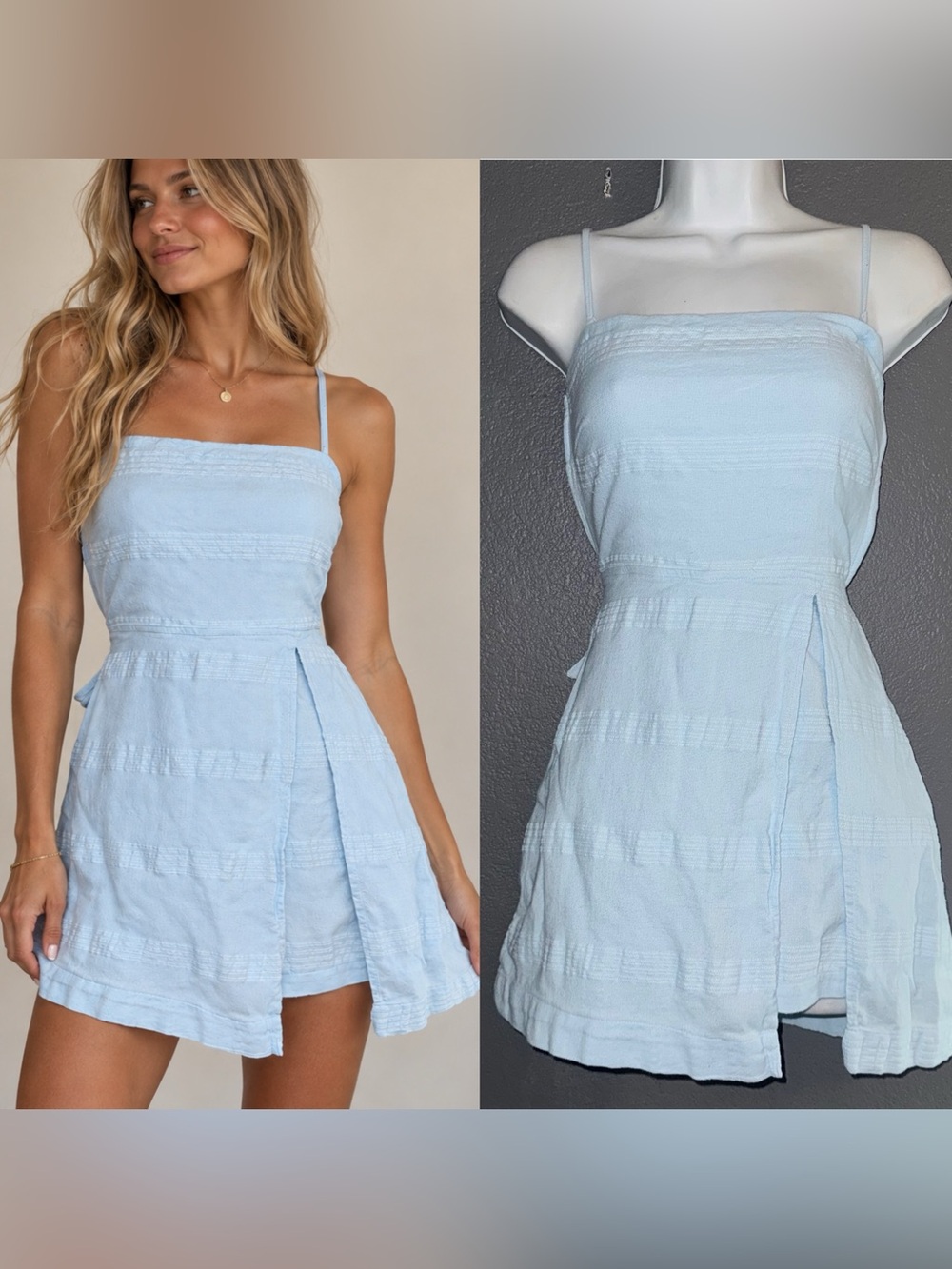 Free People FP Light Blue Square Neck Mini Romper Linen Cotton Dress Small